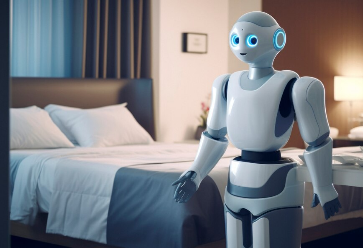 Robô doméstico humanoide em um quarto moderno, representando automação para tarefas residenciais.