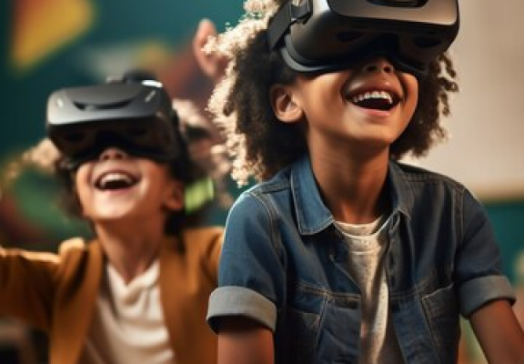 Estudantes utilizando óculos de realidade virtual em ambiente educacional.