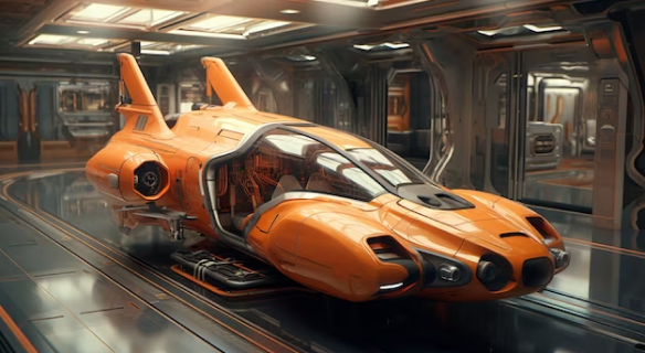 Protótipo de veículo voador futurista em um hangar tecnológico.