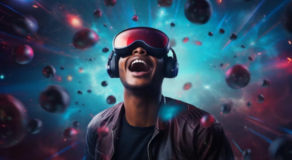 Pessoa utilizando headset de realidade virtual em ambiente com efeitos digitais imersivos.