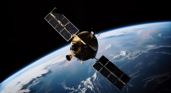 Satélite em órbita terrestre representando internet via satélite.