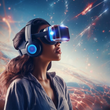 Pessoa utilizando óculos de realidade virtual com fone de ouvidos e planeta no fundo como tivesse no espaço.