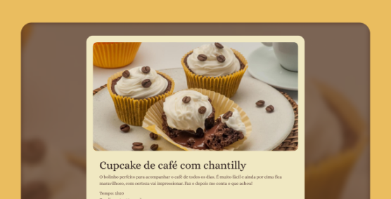 Página de receita de um Cupcake de chantilly com gotas de café.